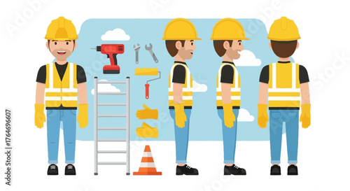 Male construction worker or handyman character creation set with different views and professional tools for animation or design