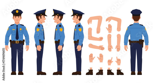 Male police officer character creation set with separate body parts and various view poses for animation