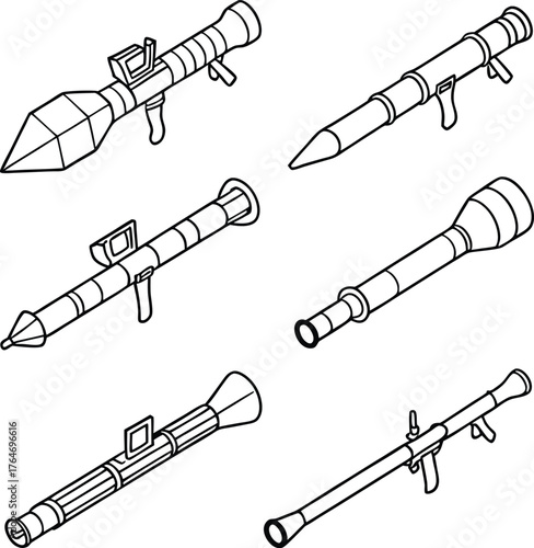 Collection of six distinct portable rocket launchers depicted in a clean, professional line art style for impactful design projects