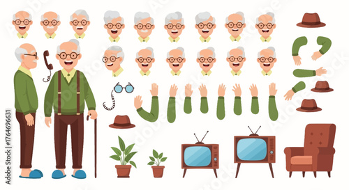 Senior man cartoon character constructor kit for animation, with a set of body parts, emotions, and vintage household items