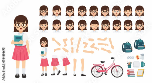 Young student girl character constructor kit with a set of various body parts, facial expressions, and school accessories