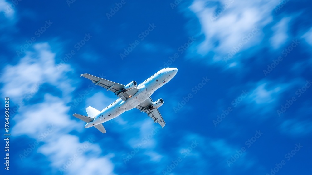 Obraz premium An airplane gracefully flies through a vivid blue sky dotted with white, fluffy clouds. The scene captures the beauty of flight against a backdrop of sunny tranquility, evoking a sense of freedom