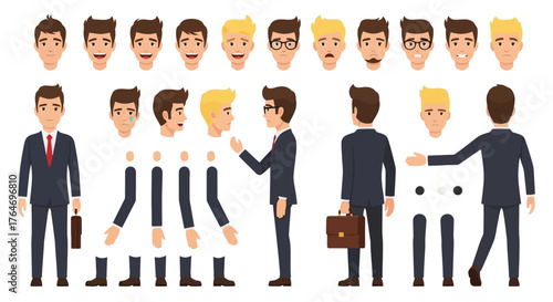 Customizable businessman character creation kit with a variety of poses, emotions, and hairstyles for animation