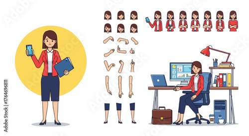 Businesswoman character creation kit with a set of diverse emotions, poses, and an office workplace scene