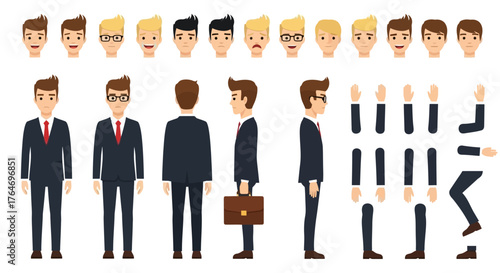 Businessman character constructor kit with various hairstyles, emotions, and body parts for animation. Male office worker creation set in a flat cartoon style