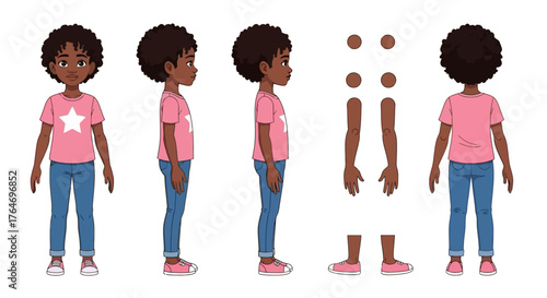 Young African American girl character turnaround sheet with multiple views for animation and game development