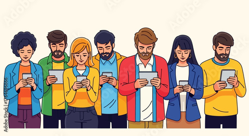 Diverse group of young adults standing together while absorbed in their smartphones and tablets, representing digital connection and social media