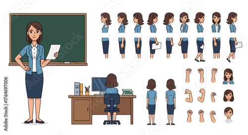 Young female teacher or office worker character creation set with different poses, gestures, and views for animation