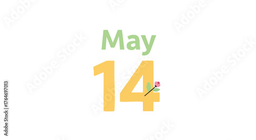 Illustrated May 14th Calendar Date Announcement with Pastel Yellow Numbers and Delicate Floral Accent adding a touch of spring to the occasion