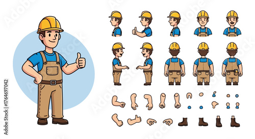 Cartoon builder character animation kit with various poses, gestures, and separate body parts for construction or handyman mascot creation