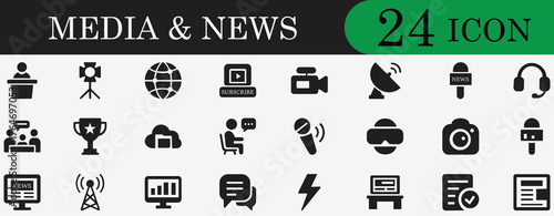 Media and news icon set with journalism, communication, camera, microphone, and broadcast symbols for digital press, online publication, and global network design
