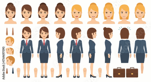 Vector businesswoman character creation set for animation with different poses, hairstyles, and facial expressions concept