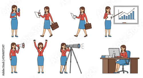 Illustrations of a young business woman, symbolizing career moves and corporate success in various professional scenarios