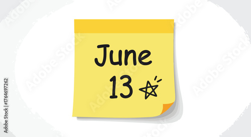 June 13th Reminder Note with Star Accent, an Important Day Marked on Sticky Note for Planning and Schedules