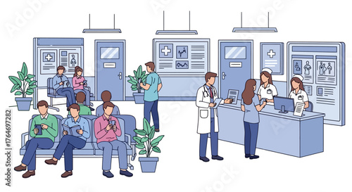 Medical Clinic Waiting Room Scene with Patients and Staff Illustration