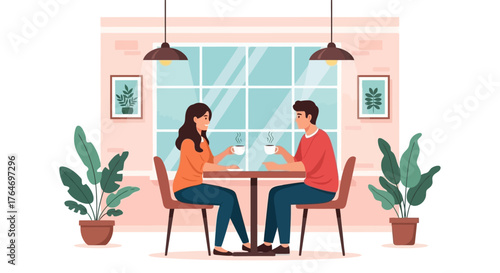 Cozy Coffee Date A couple enjoying coffee in a charming cafe setting surrounded by lush plants