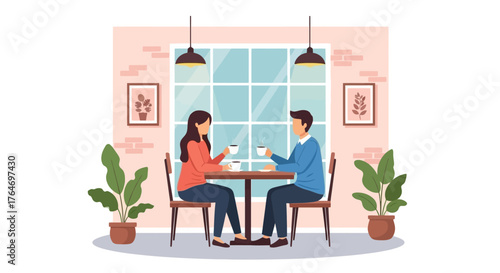 Couple Enjoying Coffee Together in a Café Setting with Plants