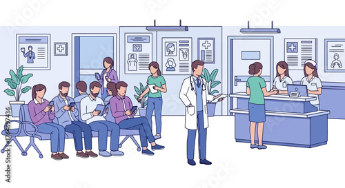 Waiting Area in Medical Clinic with Patients and Doctors Healthcare Professionals