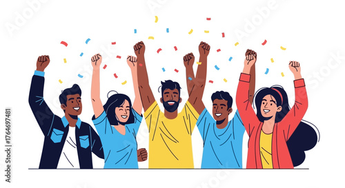 Diverse Group Celebrating Success with Confetti and Raised Arms Vector Illustration
