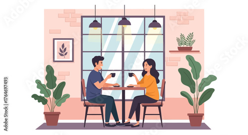 Romantic coffee date illustration Couple enjoying a cozy café scene, sharing a quiet moment over coffee