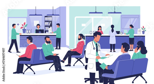 Busy Hospital Waiting Room with Patients, Doctors, and Receptionists