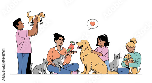 Family Loving Their Pets Golden Retriever, Cats, Parrot and Dog