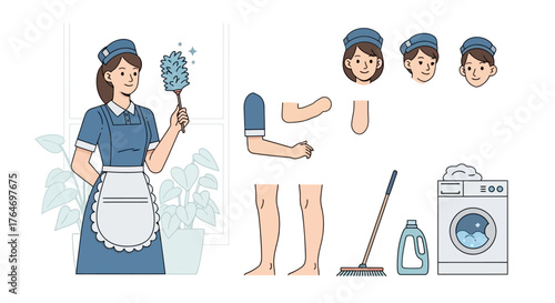 Housekeeping Character Vector Set Maid, Cleaning Supplies, and Customization Elements