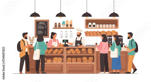 Bakery Shop Scene with Customers and Fresh Bread Illustration
