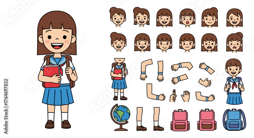 Cute Schoolgirl Character Kit for Animation Customizable Girl with Emotions and Poses