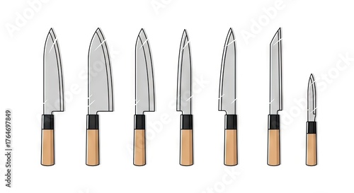 Collection of Japanese Chef Knives Displayed on a White Backdrop with Wooden Handles