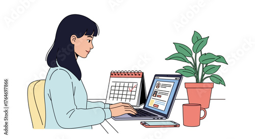 Young Professional Working From Home with Laptop on Desk Vector Illustration