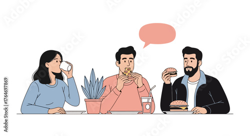 People Enjoying Food Together Illustration of Friends Eating Burgers and Pizza at a Table