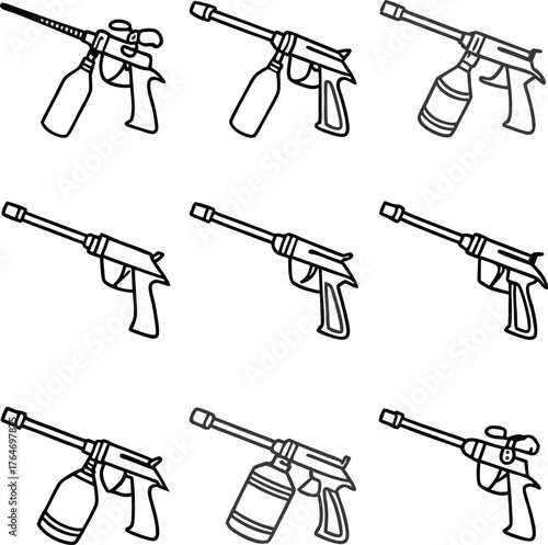 Diverse collection of industrial foam spray guns showcasing various angles and models for construction and insulation applications