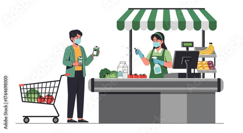 Customer wearing mask buying groceries from cashier during pandemic