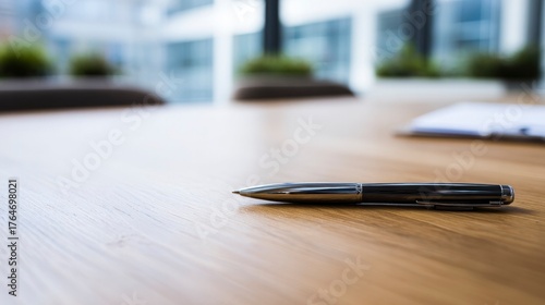 A single pen lying on a wooden desk with blurred background, professional workspace vibe.