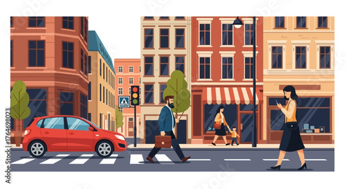 City Street Scene with Pedestrians, Traffic, and Architecture Illustration