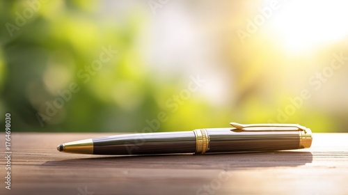 A single pen lying on a wooden desk with blurred background, professional workspace vibe.