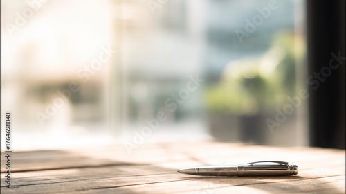 A single pen lying on a wooden desk with blurred background, professional workspace vibe.