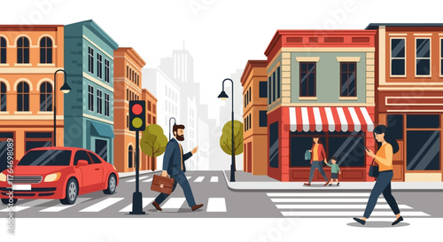 City Life Illustration People Crossing Street with Buildings and Car