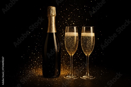 Festive still life with champagne bottle and two glasses on black background, golden sparkles and elegant celebration atmosphere.