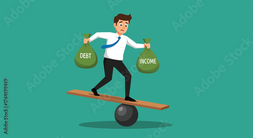 Businessman balancing bags of debt and money on a seesaw.