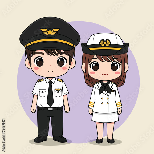 Adorable Chibi Pilots in Uniforms Ready for Flight.