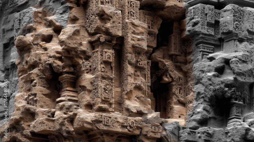 Fototapeta premium Intricate Stone Carvings and Textures of Ancient Architecture with Historical Details