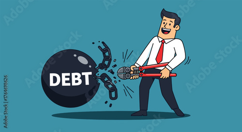 Businessman happily cutting the heavy ball of debt with large bolt cutters.