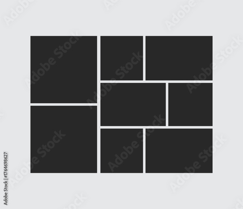 A layout of seven dark gray rectangles arranged in a grid, used as a template for a photo collage or picture frame display.