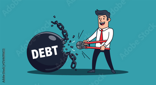 Businessman happily cutting debt chain with bolt cutters, symbolizing financial freedom.