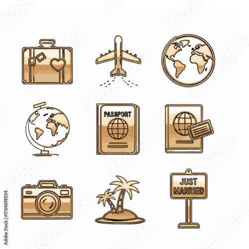 Luxury Gold Line Art Honeymoon and Travel Icons Set