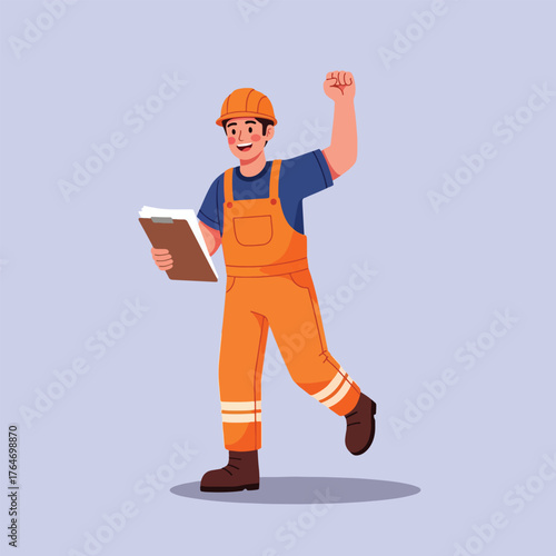 Cheerful construction worker in orange overalls holding a clipboard and raising his fist in celebration.