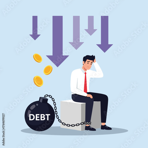 Man chained to a debt ball with falling coins and downward arrows.