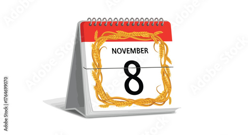 November 8th desk calendar illustration decorated with stylized wheat wreath design for agricultural or autumnal thematic emphasis